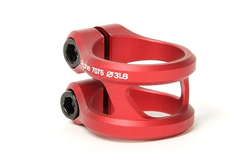 This Ethic DTC Sylphe 2 Bolt Standard Stunt Scooter Clamp, available in red, is expertly crafted from lightweight 7075 Aluminium. Designed to securely fasten a bicycle seat post, it features two black hex bolts for reliable tightening without adding extra weight.