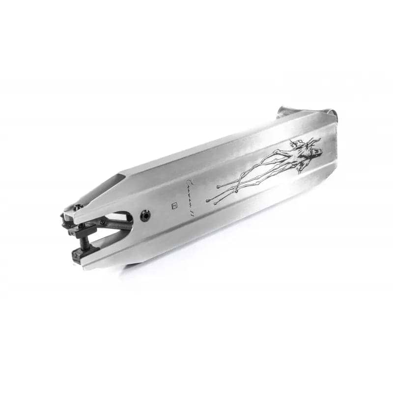 The Ethic DTC Erawan V2 Brushed Silver Stunt Scooter Deck, measuring 4.72" x 19.7", is a sleek, metallic scooter deck crafted from 6065 aluminum. Its futuristic design features angular lines that exude precision engineering and style. Lightweight and compact, it perfectly balances aesthetics with high performance on the ramps.