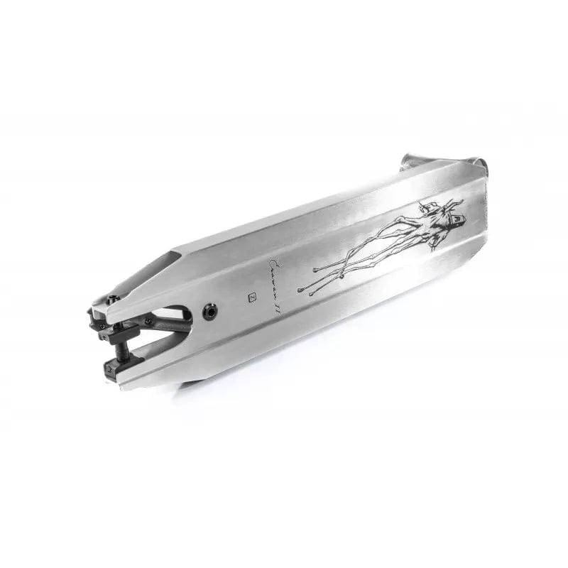The Ethic DTC Erawan V2 Brushed Silver Stunt Scooter Deck measures 4.72" x 21.25" and combines a sleek design with a contemporary style, featuring an engraved abstract figure on the top surface. Crafted from high-quality aluminium, its smooth and polished metal surface makes it perfect for any park setup.