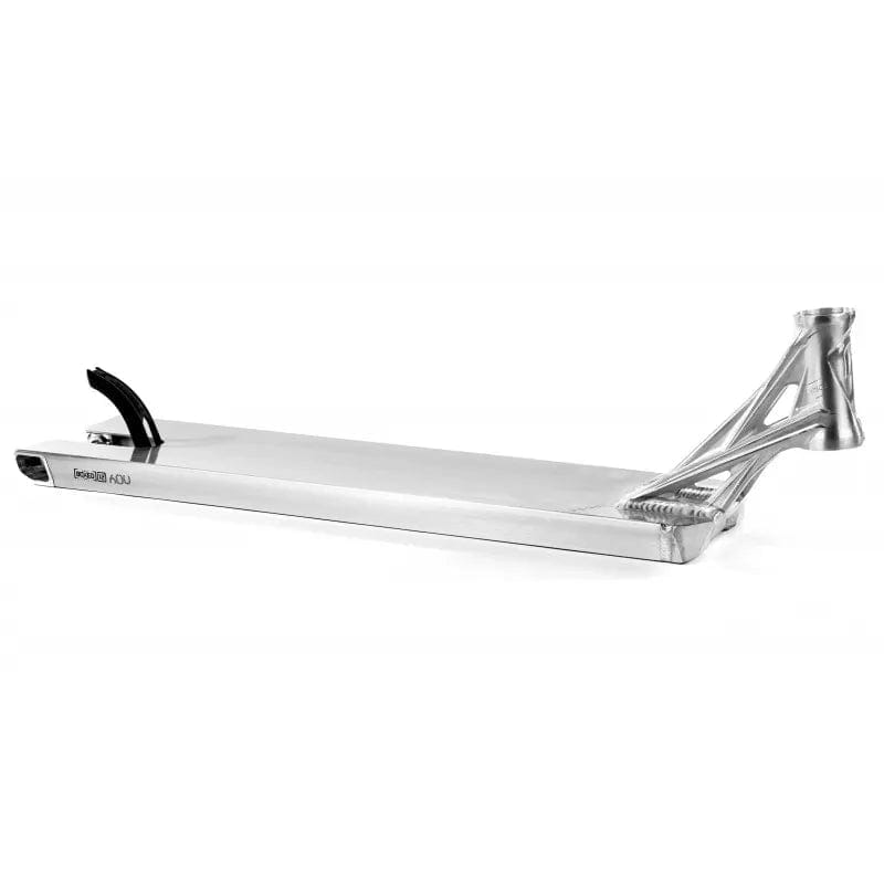The Ethic DTC Lindworm V4 Raw Silver Stunt Scooter Deck - 6.2" x 22" features a streamlined, minimalist design ideal for street riders. With its sleek finish and angular rear fork support, it provides a modern look while ensuring durability and high performance on every ride.
