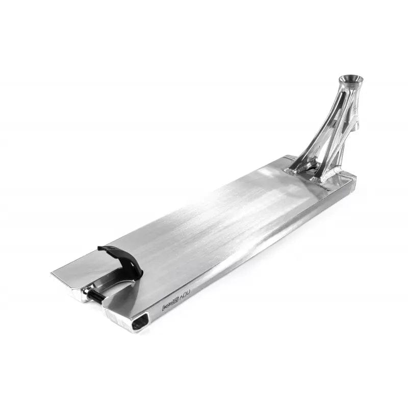 Introducing the Ethic DTC Lindworm V4 Raw Silver Stunt Scooter Deck, ideal for street riders. This deck features a sleek, flat design in silver and includes a rear brake along with an open-cut headtube for a contemporary look. Its angled presentation emphasizes its smooth surface and robust structure, showcasing precision engineering at its finest.