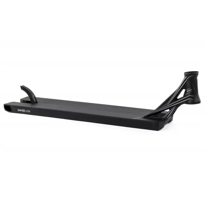 The Ethic DTC Lindworm V4 Black Stunt Scooter Deck, measuring 6.2" x 23.6", offers a stylish black design ideal for street riders. It includes a rear brake and a hexagonal cutout at the front, complemented by a sleek, flat surface and contemporary structural features for enhanced support and aesthetic appeal.