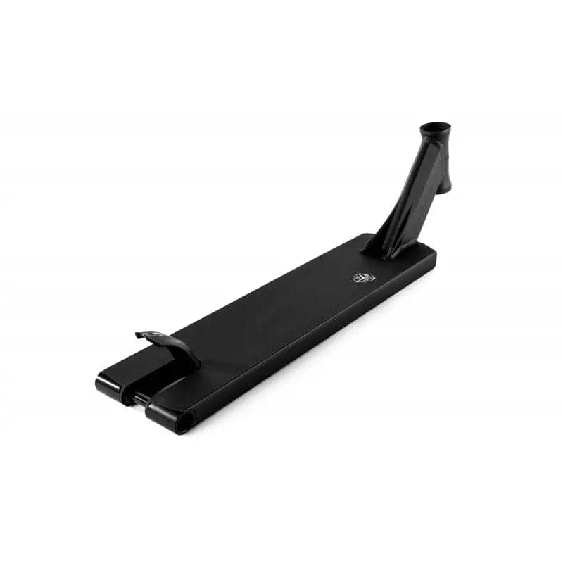 The Ethic DTC Pandora Black Stunt Scooter Deck, measuring 5.1" x 20.5", boasts a sleek black finish with a sloping neck and rear brake, making it ideal for freestyle or stunt use, while its 12 STD compatibility ensures versatility for various tricks.
