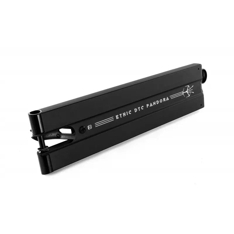 A black Ethic DTC Pandora Black Stunt Scooter Deck, measuring 5.1" x 20.5", is showcased on a white background. It boasts a sleek design accentuated by white branding and graphics on its side, and it is 12 STD compatible for enhanced performance.