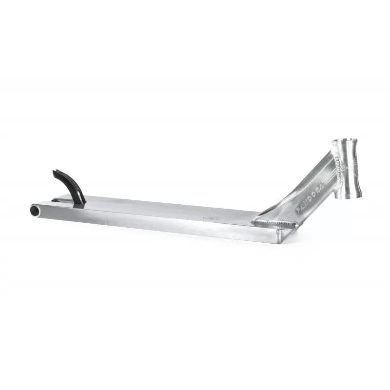 The Ethic DTC Pandora Raw Silver Stunt Scooter Deck - 5.1" x 20.5", showcases a silver deck with an integrated head tube and black kickstand against a white background. Its sleek, minimalist design highlights the polished finish of the metal, resembling the style of the Ethic series.