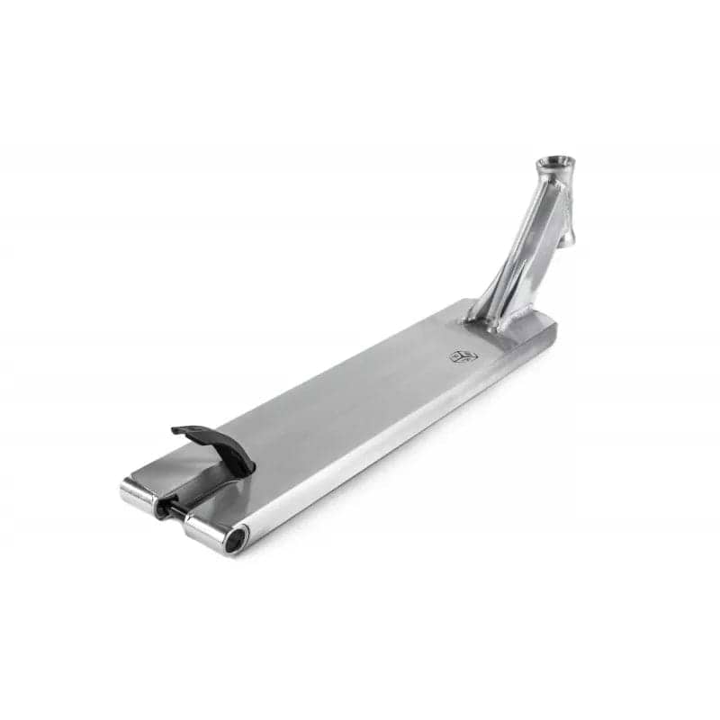 The Ethic DTC Pandora Raw Silver Stunt Scooter Deck, measuring 5.1" x 20.5", features an integrated neck and head tube reminiscent of the Ethic design. It includes a rear fender brake, slotted ends for easy wheel attachment, and a sleek surface with a subtle logo near the neck.