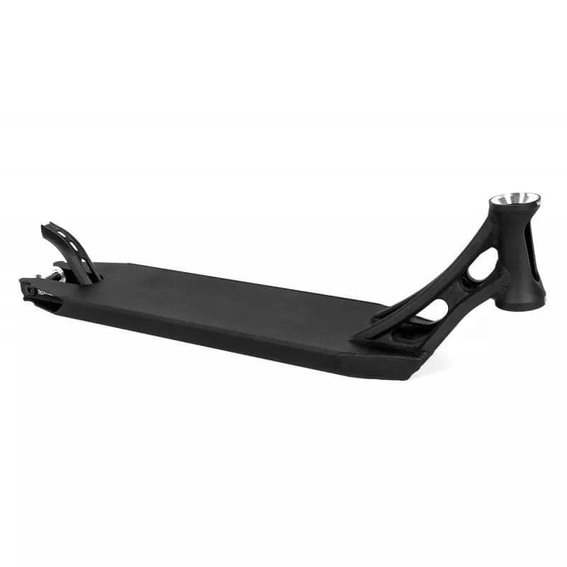 The Ethic DTC Vulcain V2 12 STD Black Stunt Scooter Deck - 5.5" x 22.8" boasts a sleek black finish with an angular, minimalist design set against a white background. It features cut-out details, a reinforced head tube for handlebars, and the 12 STD bearing system, making it ideal for urban stunt riding.
