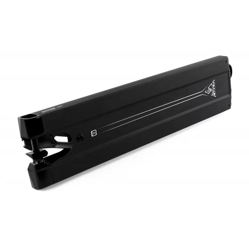 A black, sleek, and elongated electric scooter battery mirrors the minimalistic style of the Ethic DTC Vulcain V2 Boxed 12 STD Black Stunt Scooter Deck with dimensions of 5.5" x 22.8", featuring a visible connector at one end. Its smooth surface bears a small Ethic brand logo and subtle line detailing, capturing the precision akin to its impressive 12 STD bearing system.