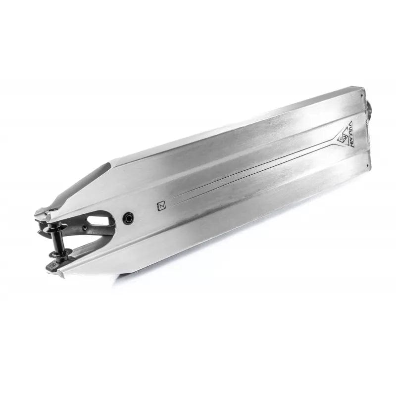 The Ethic Vulcain V2 12 STD Raw Silver Stunt Scooter Deck, measuring 5.5" x 21.25", is a prime example of superior design with its sleek aluminum construction. Featuring the innovative 12 STD bearing system, its smooth finish and tapered end emphasize modern minimalism while ensuring top-notch functionality and style.