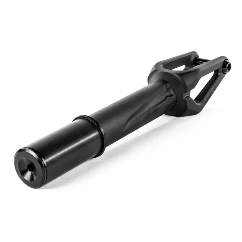 Ethic DTC Legion V2 HIC Stunt Scooter Forks - Black by Ethic, featuring a modern angular design with a cylindrical axle slot, compatible with 120mm wheels and HIC setups, shown on a white background from a low angle.