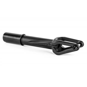 The Ethic DTC Legion V2 HIC Stunt Scooter Forks in black feature a cylindrical tube and an open dual-pronged end, designed by Ethic to fit 120mm wheels and securely hold the front wheel axle.