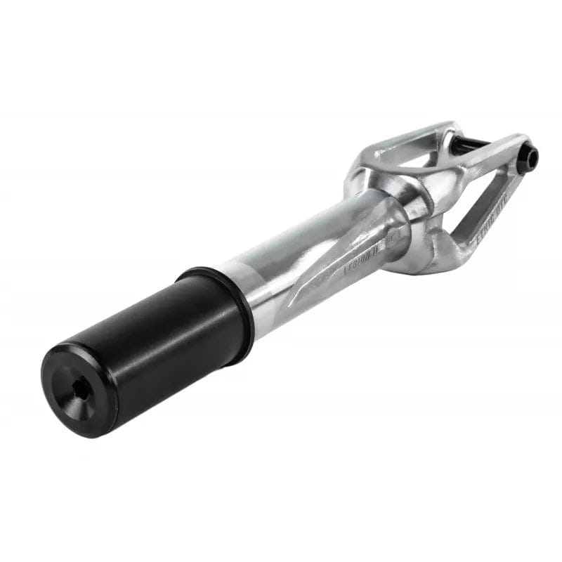 The Ethic DTC Legion V2 HIC Stunt Scooter Fork in raw silver features a durable metal build with a black cylindrical section for front wheel attachment.