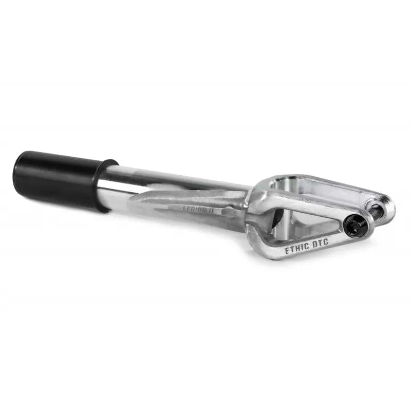 The Ethic DTC Legion V2 HIC Stunt Scooter Forks in Raw Silver by Ethic, designed for 120mm wheels and HIC setups, features a black cylindrical part on one end and is displayed against a white background.