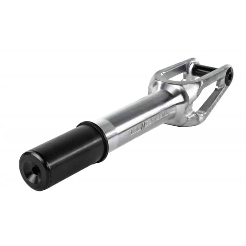 A Raw Silver Ethic DTC Legion V2 IHC Stunt Scooter Fork with a hollow cylindrical design and angled cutouts—built for durability and perfect as a 120mm scooter fork upgrade for your setup.
