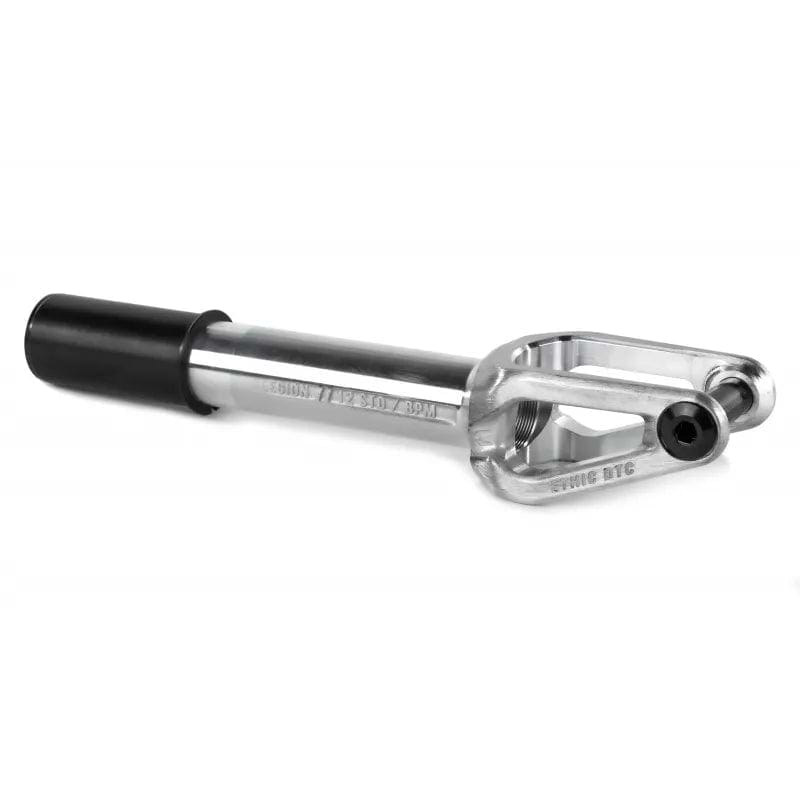 The Ethic DTC Legion V2 IHC Stunt Scooter Forks in Raw Silver feature a black axle bolt and cap, and are designed for mounting the front wheel of a freestyle scooter, compatible with 120mm wheels.