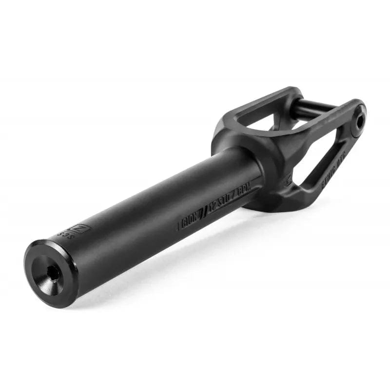 The Ethic DTC Legion V2 SCS Stunt Scooter Forks in black feature a sleek, minimalist design with a solid stem, open triangular mount, and are compatible with 120mm wheels.