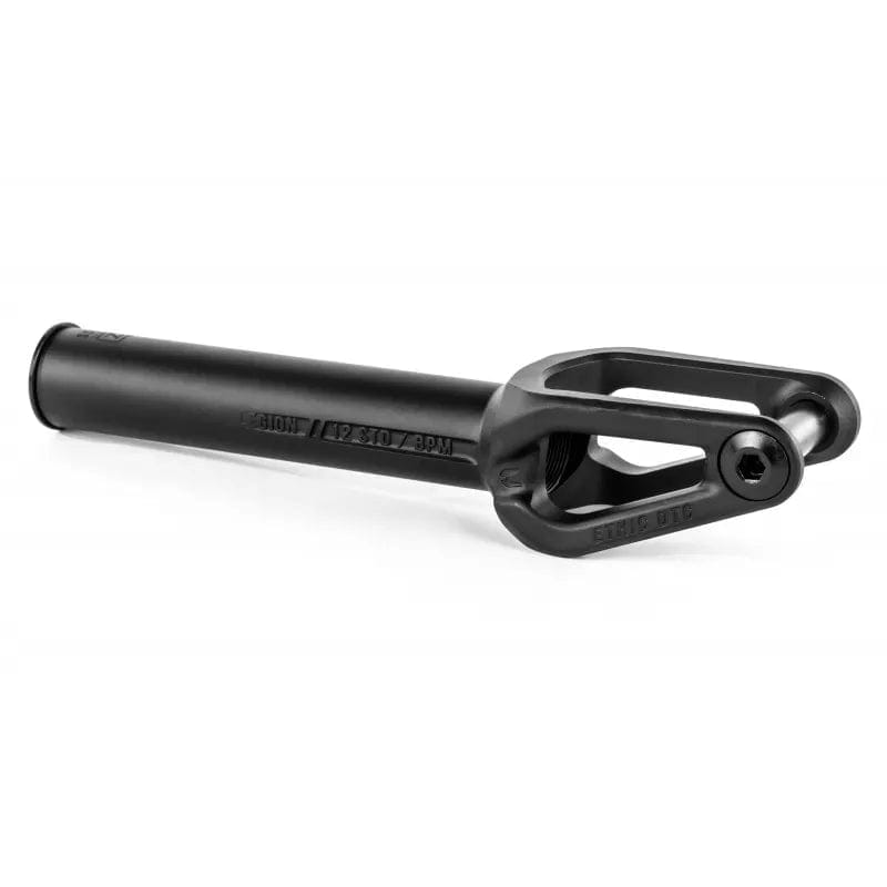 The Ethic DTC Legion V2 SCS Stunt Scooter Fork in black by Ethic features a cylindrical tube and two-prong forked end, made for 120mm wheels and SCS setups. Shown on a white background.