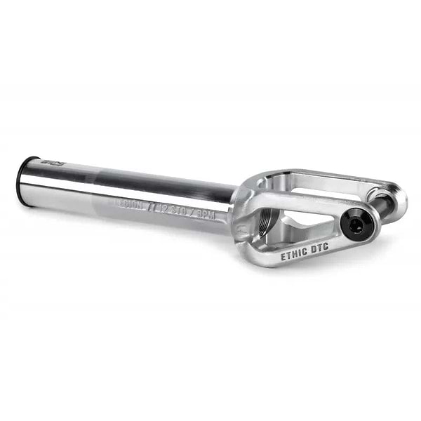 The Ethic DTC Legion V2 SCS stunt scooter fork in raw silver features a cylindrical tube, open-ended 120mm design, and "ETHIC DTC" engraving on the side, shown on a white background.