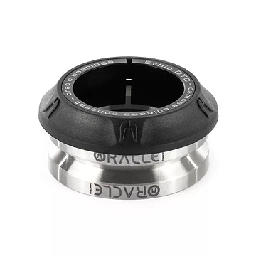 The Ethic DTC Osmose Silicone Integrated Stunt Scooter Headset in black, featuring the brand logo and "ORACLE" text on its silver section, is designed for durability and smooth rotation. Perfect for upgrading scooter assemblies, it complements the Osmose Silicone for optimal performance.