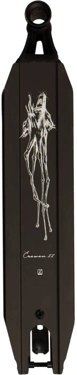 The Ethic DTC Erawan V2 Black Stunt Scooter Deck, measuring 4.72" x 19.7", boasts a sleek black design highlighted by a white abstract humanoid figure.