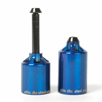 A pair of Ethic DTC Steel Stunt Scooter Pegs - Blue, ideal for street riding, includes one peg with a bolt for easy installation. Each peg displays the text "ethic dtc steel pegs" at the bottom.