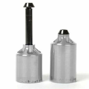 Two polished silver chromoly steel die sets designed for leathercraft or similar handiwork. One set stands upright with a black pin extending from the top, while the other is fully enclosed. Both have shiny, smooth surfaces, reminiscent of Ethic DTC Steel Stunt Scooter Pegs in polished silver, adding an adventurous flair to your craft.