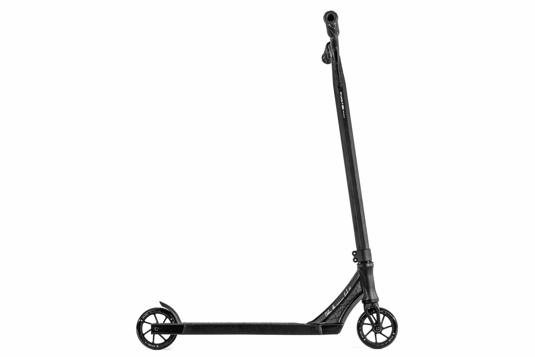 A sleek black scooter, similar to the Ethic DTC Erawan V2 Complete Stunt Scooter (S) - Black, is displayed against a white background. Renowned for its lightweight design, it boasts a sturdy frame, two wheels, and a T-shaped handlebar ideal for stunts.