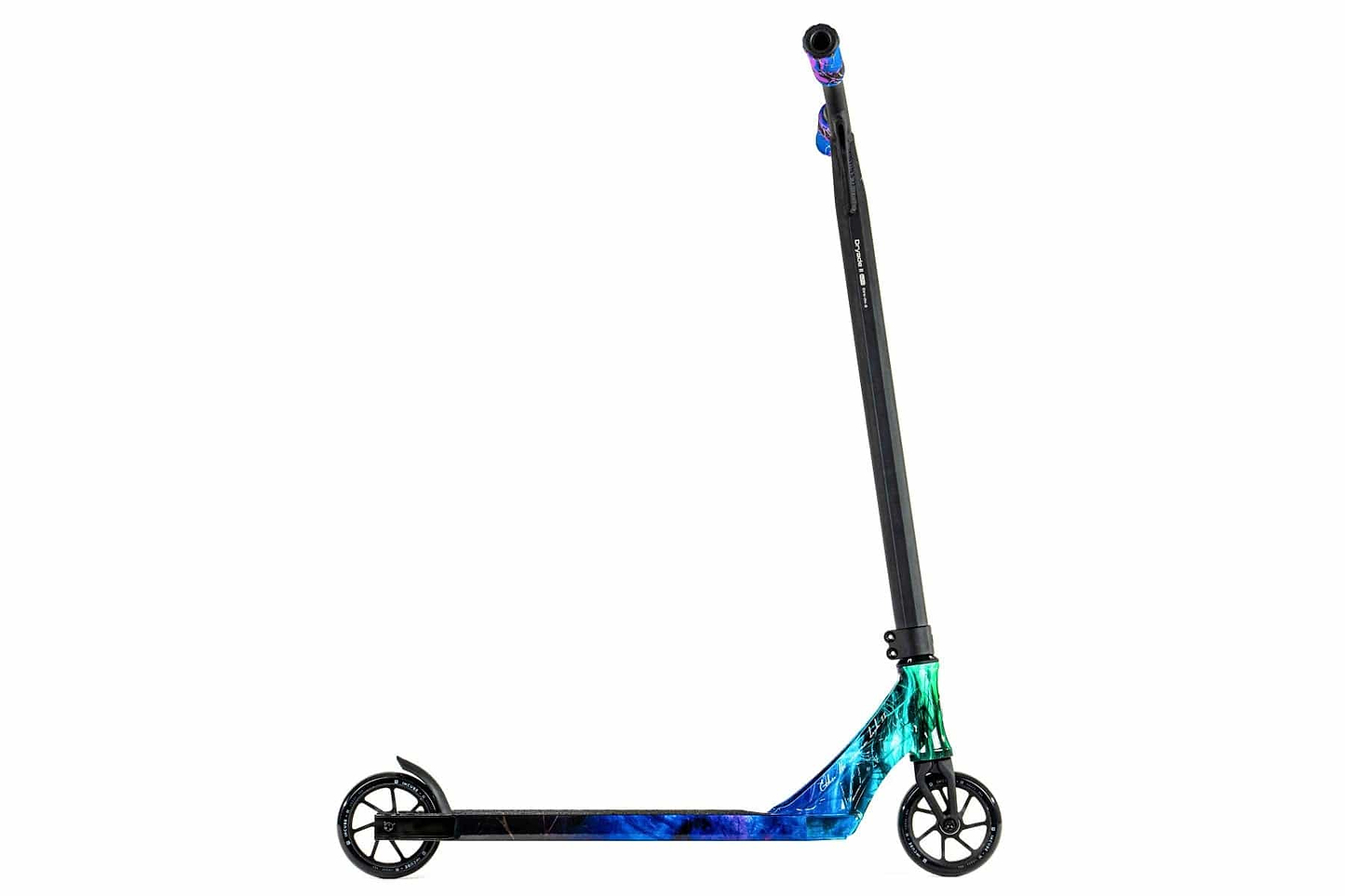 The Ethic DTC Erawan V2 Complete Stunt Scooter in Blue Iridium is a lightweight model featuring a sleek black handlebar that stands upright. Its deck displays a vibrant blue and green pattern, accompanied by black wheels. Combining minimalistic and modern design elements, this scooter is ideal for riders seeking both style and performance.