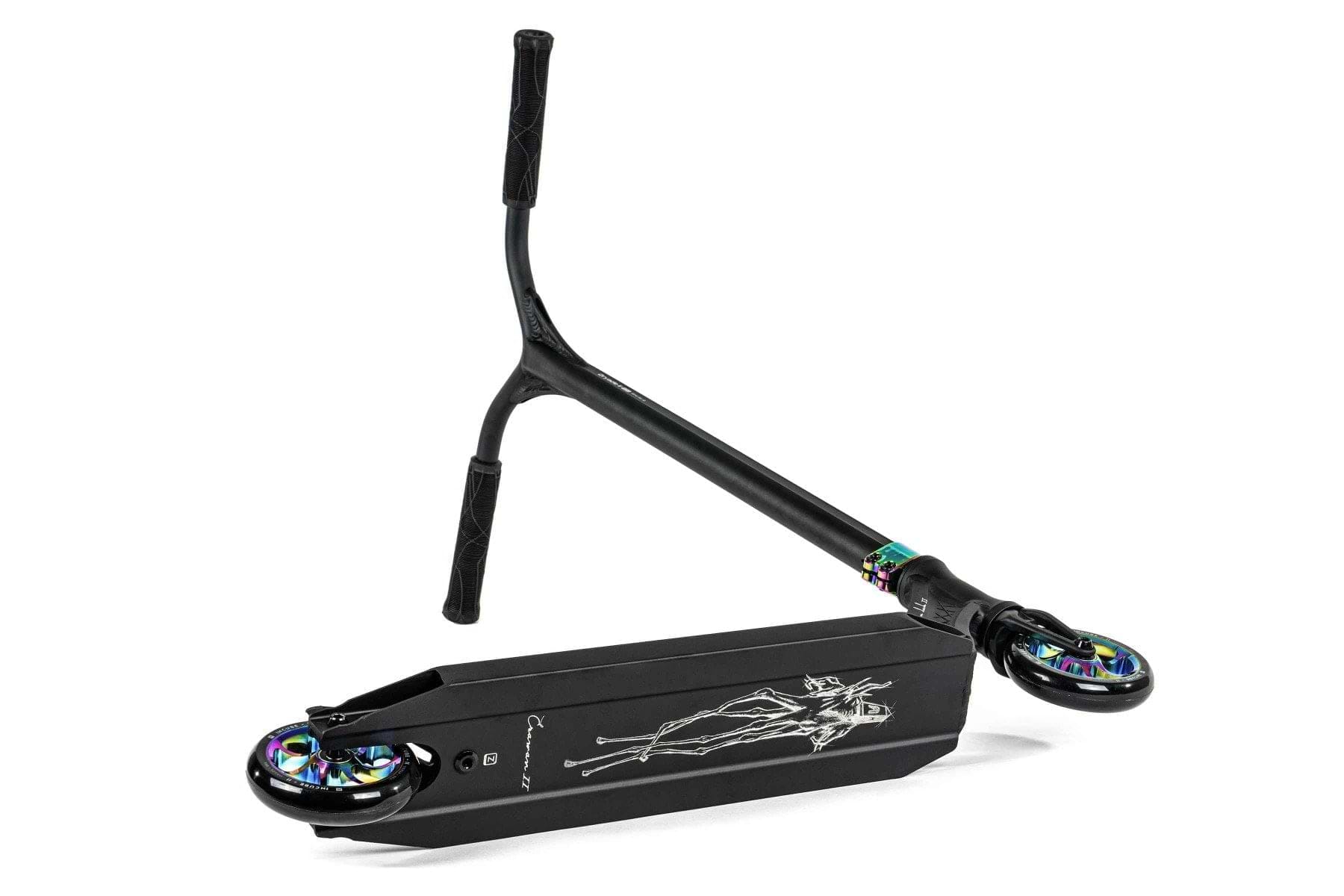 The Ethic DTC Erawan V2 Complete Stunt Scooter (S) in Neochrome is pictured with its deck resting on the ground and handlebars leaning against it. This lightweight scooter features vibrant wheel hubs and a stylized design on the underside of the deck, complemented by an IHC compression system for smooth rides.