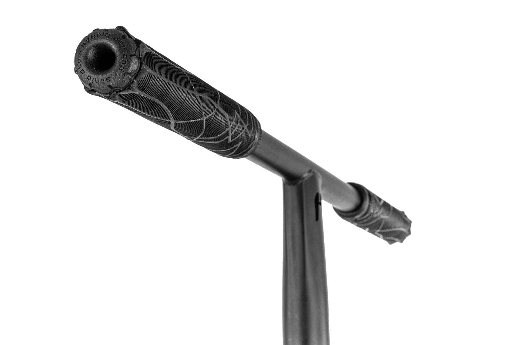 Close-up of black handlebars with textured rubber grips and silver wire accents on the Ethic DTC Pandora Complete Stunt Scooter (M) - Black, set against a plain white background.