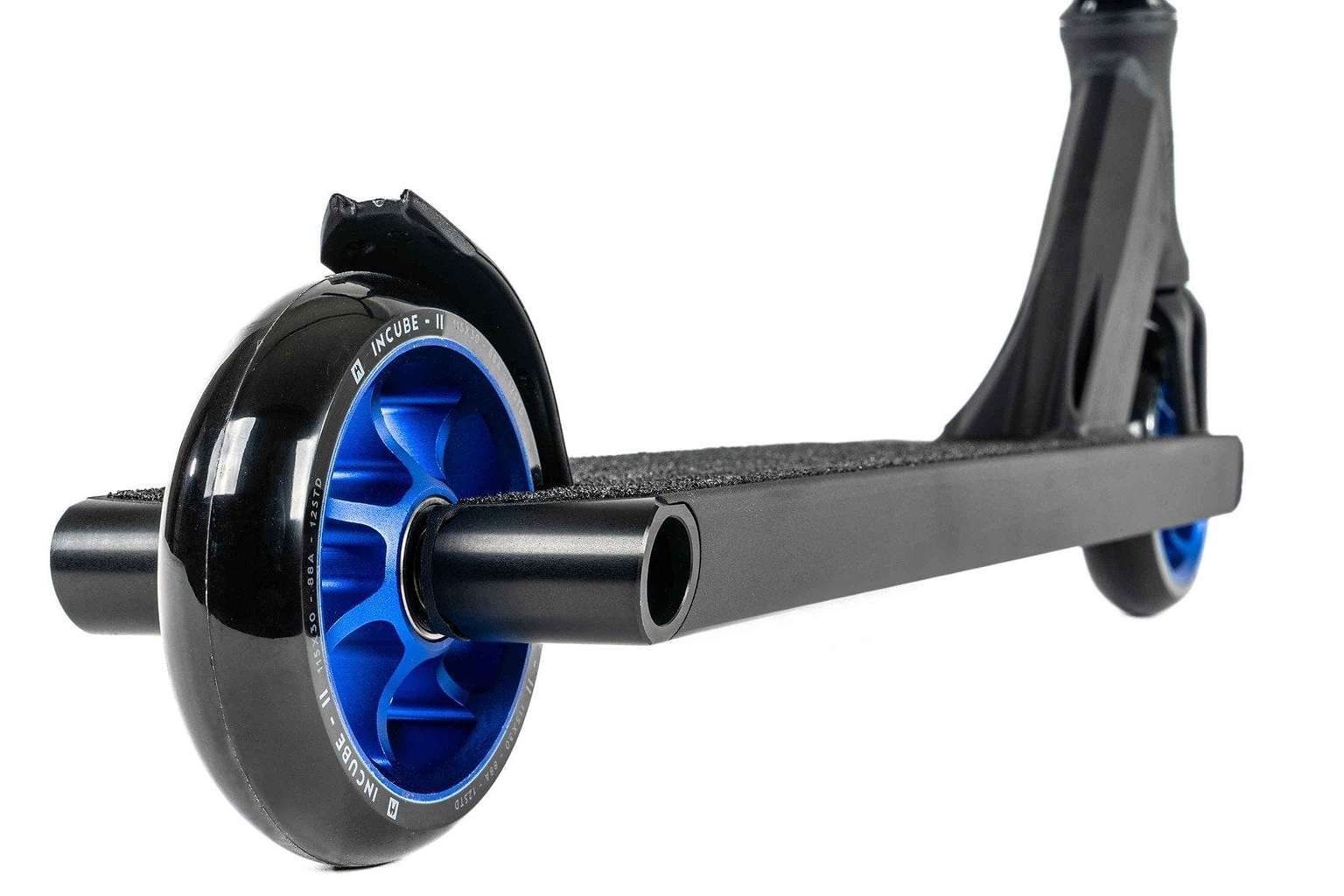 Detailed view of the Ethic DTC Pandora Complete Stunt Scooter (M) - Blue, highlighting the blue-accented rear wheel. The focus is on its sleek design and robust build. Featuring a chromoly steel T-bar, this scooter is perfect for urban commuting or recreational use.