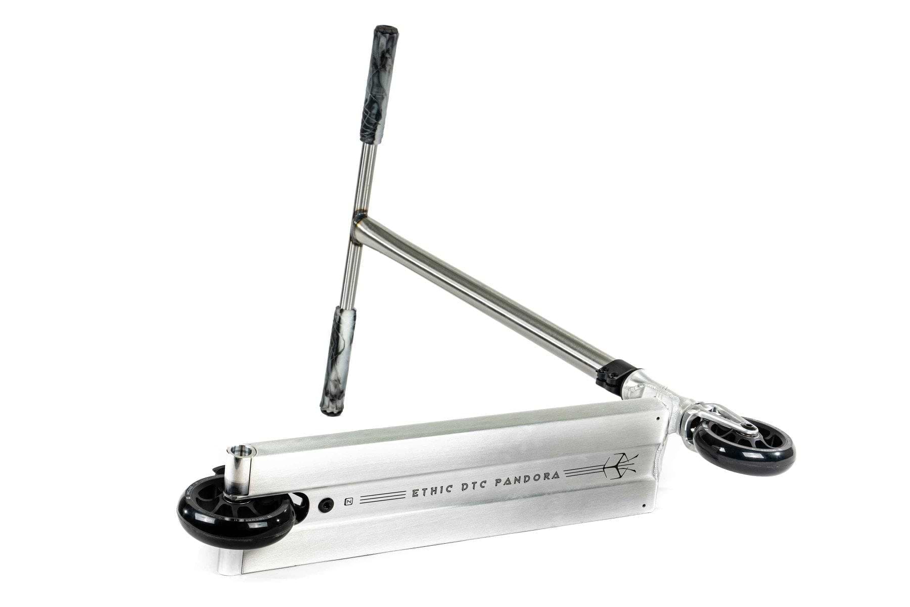 The Ethic DTC Pandora Complete Stunt Scooter (M) in Brushed Silver is displayed against a white background. It includes a high-strength chromoly steel T-bar handlebar in black and silver, complemented by durable black wheels, making it an ideal choice for street use.
