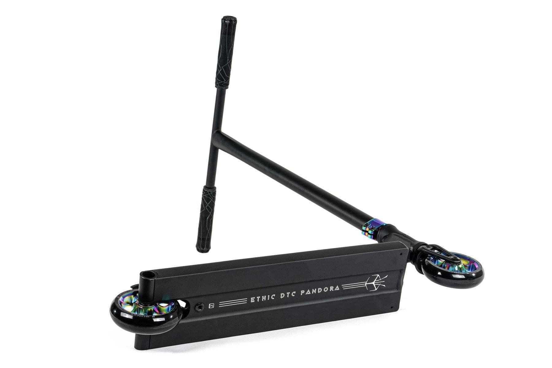 The Ethic DTC Pandora Complete Stunt Scooter (M) in Neochrome is a stylish freestyle scooter with a sleek black finish, featuring a flat deck branded "Ethic DTC Pandora." It comes equipped with two small wheels that have iridescent accents and a T-shaped handlebar with black grips, all set against a plain white background.