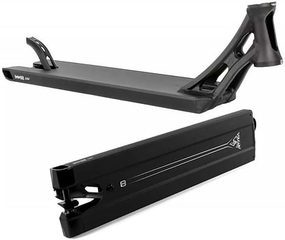 The top black scooter deck in the image is the Ethic DTC Vulcain V2 Boxed 12 STD Black Stunt Scooter Deck, measuring 5.5" x 21.25", with a sleek and aerodynamic design featuring cutouts. The bottom deck highlights its boxed rear end, offering remarkable strength and durability. Both decks come with mounting points and support the 12 STD bearing system for optimal performance.