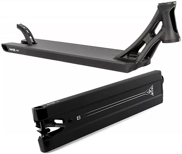 The Ethic DTC Vulcain V2 Boxed 12 STD Black Stunt Scooter Deck, measuring 5.5" x 22.8", is depicted from two angles: one from above showcasing its flat top and another from the side highlighting its design, featuring eye-catching graphics and a 12 STD bearing system.