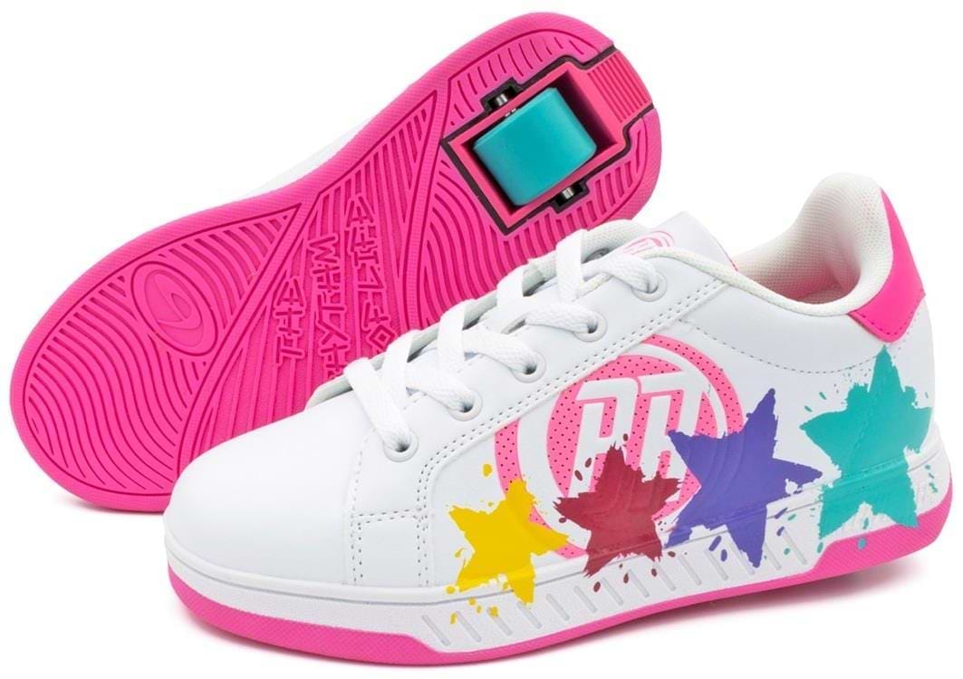 Breezy Rollers Splash Shoes - White / Pink by Breezy Rollers feature a patented single-wheel system in each heel, vibrant star designs on the sides, and pink soles.