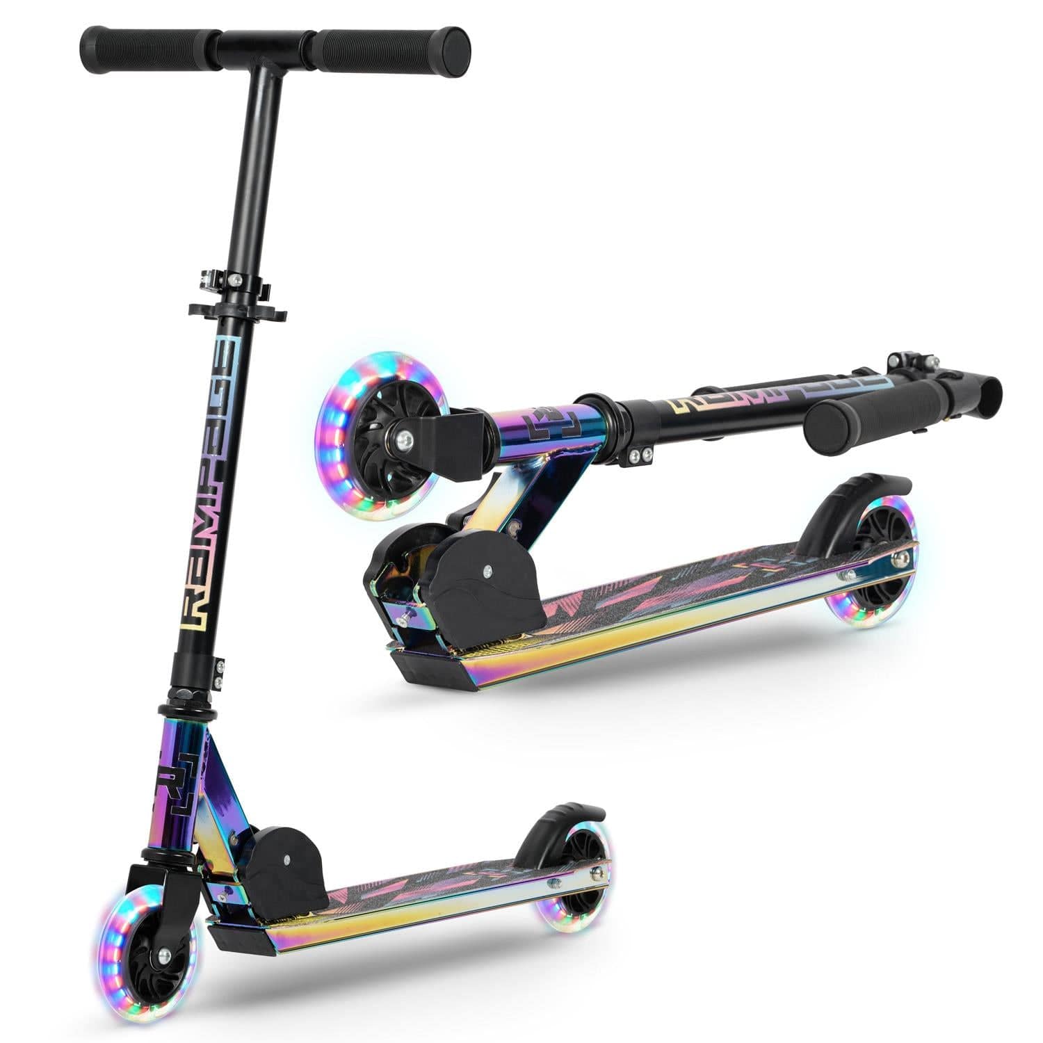 The Rampage Light Up Foldable Kick Scooter - Neochrome / Black by Rampage features LED wheels, adjustable bars, and a metallic rainbow finish, shown upright and folded on a white background.
