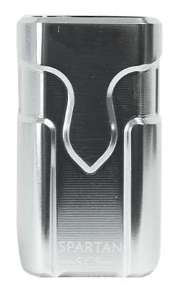 The Supremacy Spartan 4 Bolt Oversized SCS Stunt Scooter Clamp - Chrome features a sleek, metallic appearance with an aluminum construction. The cylindrical design includes a deep helmet-shaped groove at the top for a secure fit. The word "SPARTAN" is engraved near the base, while its shiny, reflective chrome finish adds a touch of elegance.