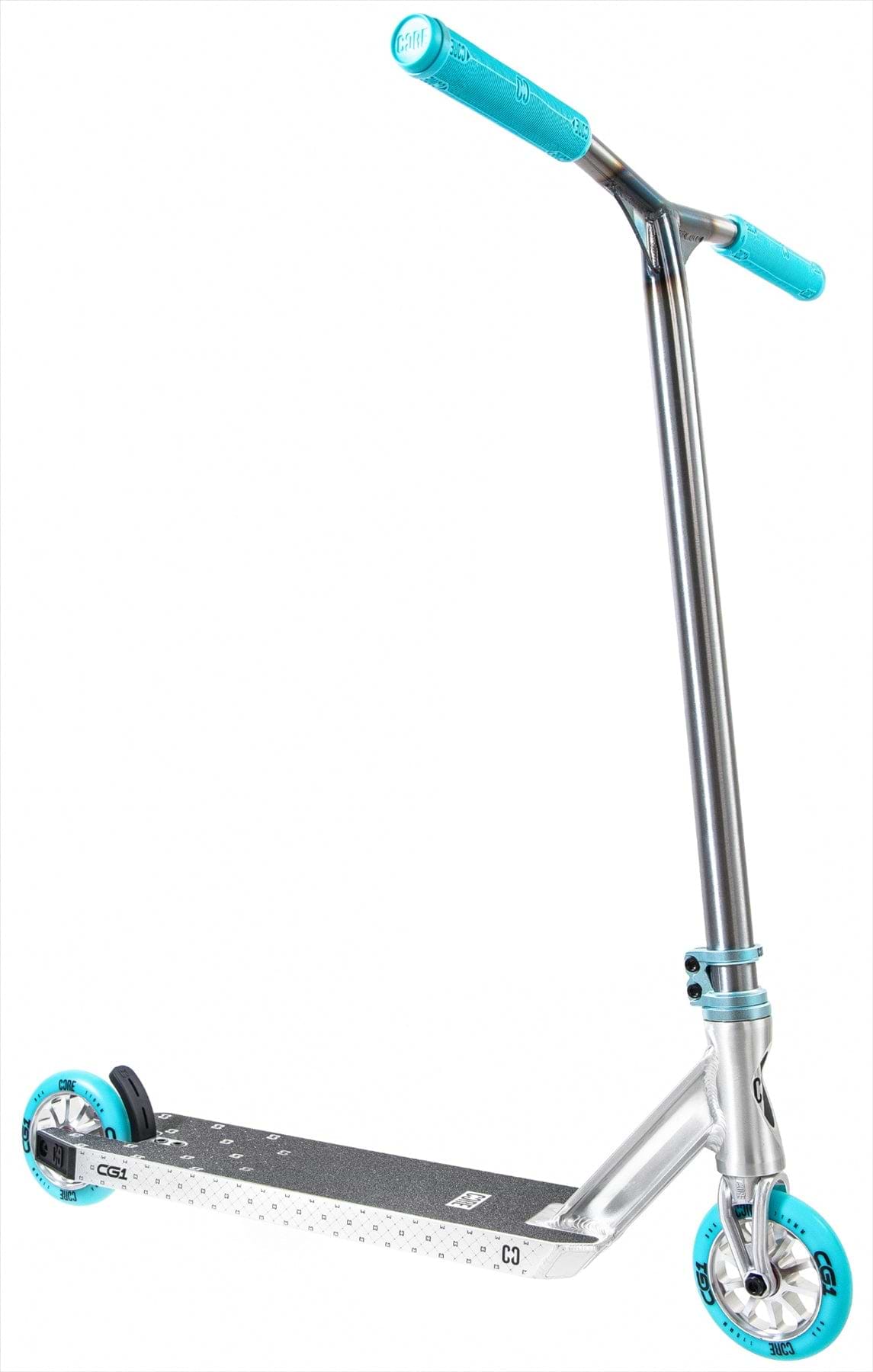 The CORE CG1 Complete Stunt Scooter by CORE in Raw/Teal features blue handlebar grips, blue-accented wheels, and a silver deck with a textured black grip surface for traction, displayed against a white background.