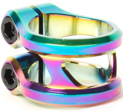 The Ethic DTC Sylphe V1 2 Bolt Standard Stunt Scooter Clamp in Oil Slick Neochrome is a lightweight, double clamp featuring two black hex bolts, ideal for securely fastening scooter handlebars or stunt scooter components.