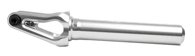 Introducing the Supremacy Spartan SCS/HIC Stunt Scooter Forks in Chrome by Supremacy, featuring a silver metal tool design with a cylindrical handle and an open-ended loop at the tip. Crafted from CNC milled aluminum, this sleek item resembles a bottle opener or specialized instrument component and is enhanced by its anodized finish.