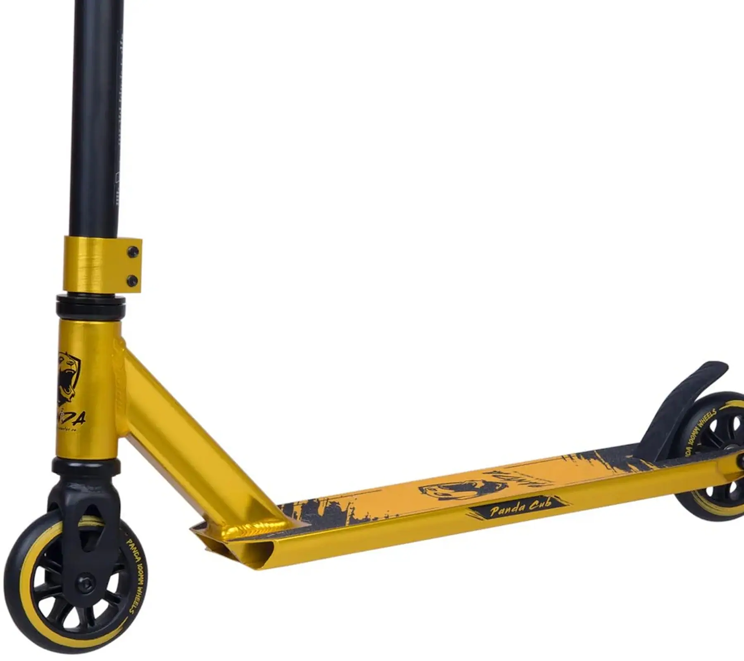 Close-up of the lower part of the Panda Cub Complete Stunt Scooter by Panda, featuring a gold deck with black grip tape and wheels—stylish "Fenda Cut" graphic adds fun flair, perfect for junior riders seeking excitement.