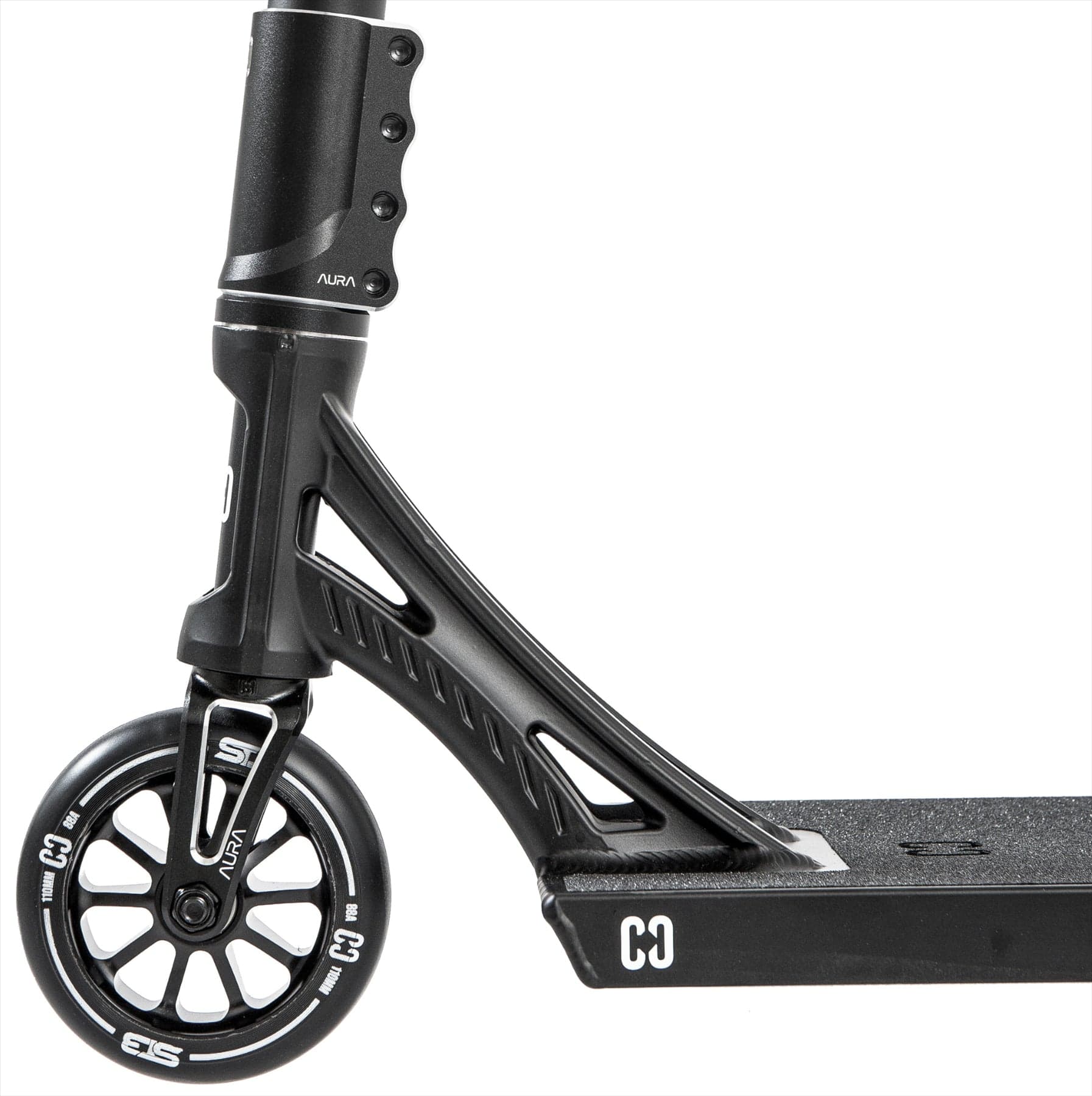 Close-up side view of the CORE ST3 Complete Stunt Scooter in black, highlighting the front wheel, fork, and textured deck. Visible CORE brand markings emphasize its pro-grade components on the wheel, fork, and deck.