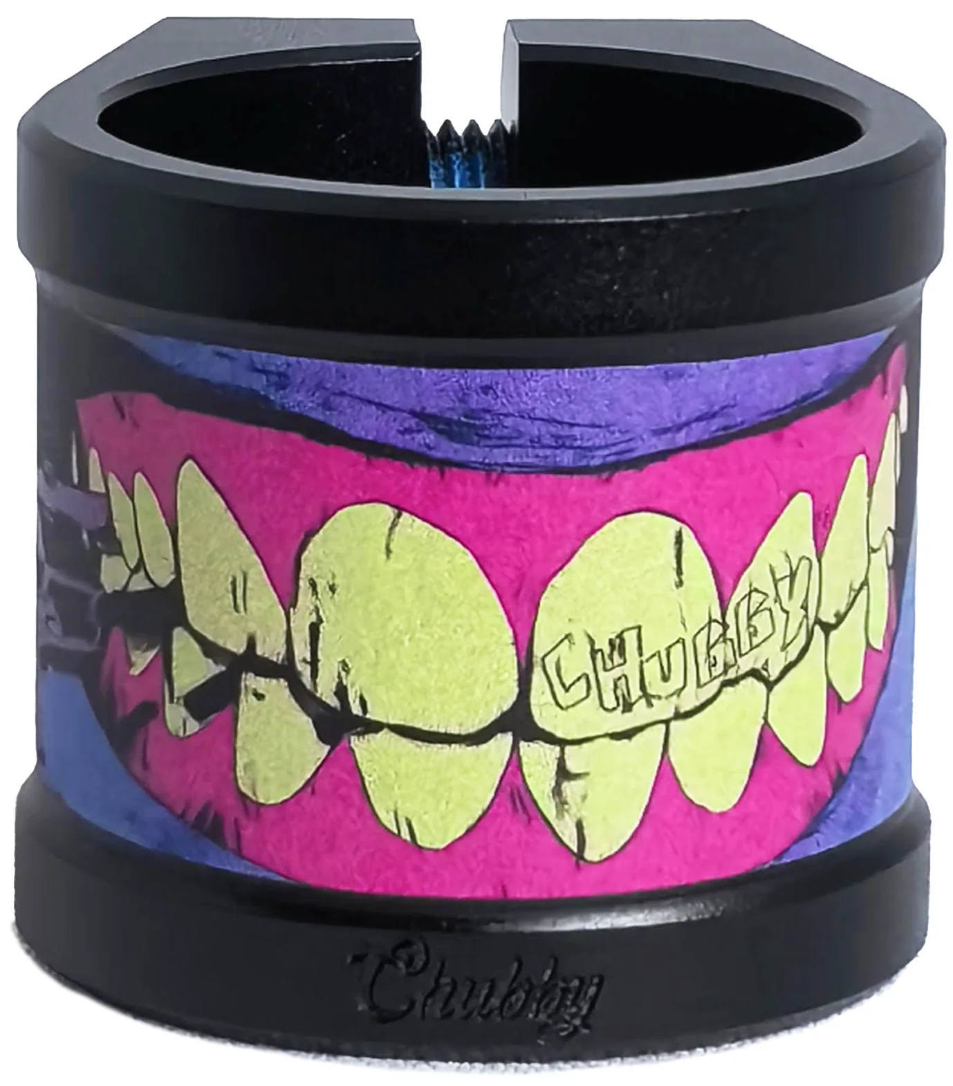 The Chubby Gnasher 2 Bolt Oversized Scooter Clamp by Chubby features a black and purple cylindrical design, 7075-T6 aluminium construction, and colorful cartoon yellow teeth on a pink background, with "CHUBBY" on the teeth and "Chubby" engraved below.