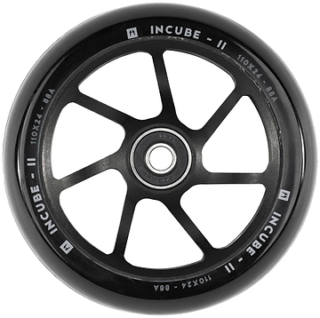 A close-up of the Ethic DTC Incube V2 110mm Stunt Scooter Wheel in black, featuring silver "Ethic" branding, "110x24 • 88A" specs on the rim, six thin spokes, and a central metal bearing.