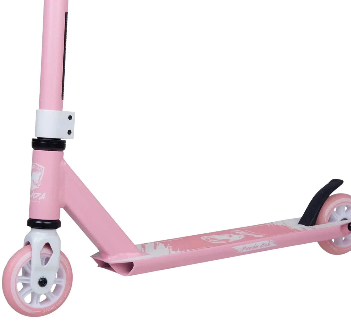 The Panda Cub Complete Stunt Scooter - Pink by Panda features two small wheels, a black rear foot brake, and deck graphics—ideal for young riders with its stylish pink color and white accents.
