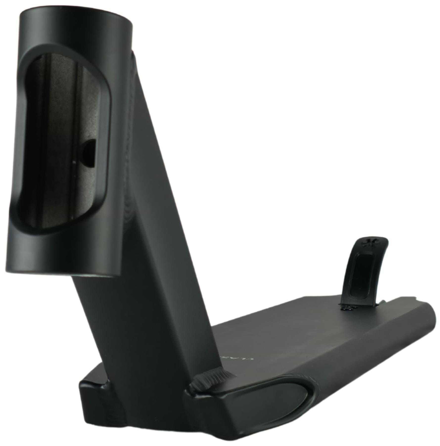 Close-up of the Union Classic Pro Black Stunt Scooter Deck (4.75") with integrated headtube and foot brake by Union, shown on a white background.