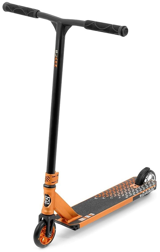 The Slamm Assault Complete Stunt Scooter - Orange by Slamm boasts a sleek orange and black design with a T-shaped handlebar, textured deck, and 110mm aluminum wheels. Its modern style is ideal for tricks and skill enhancement, highlighted by bold orange accents on the front wheel and deck.