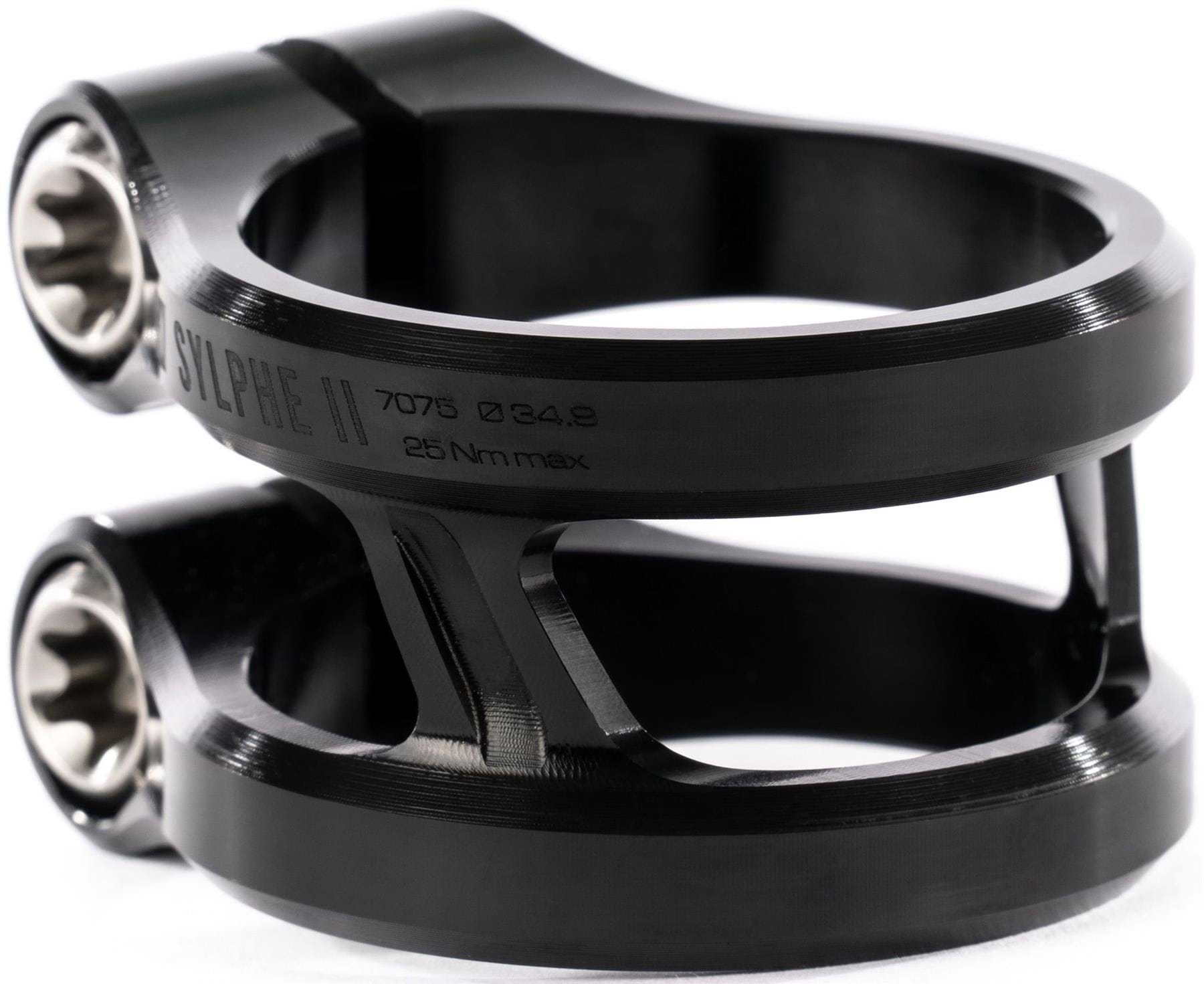 Close-up of the Ethic DTC Sylphe V2 2 Bolt Oversized Stunt Scooter Clamp by Ethic in black, crafted from 7075 aluminum with engraved "SYLPHE II 7075 Ø34.9 25 Nm max." text and a sleek, modern design for lightweight performance.