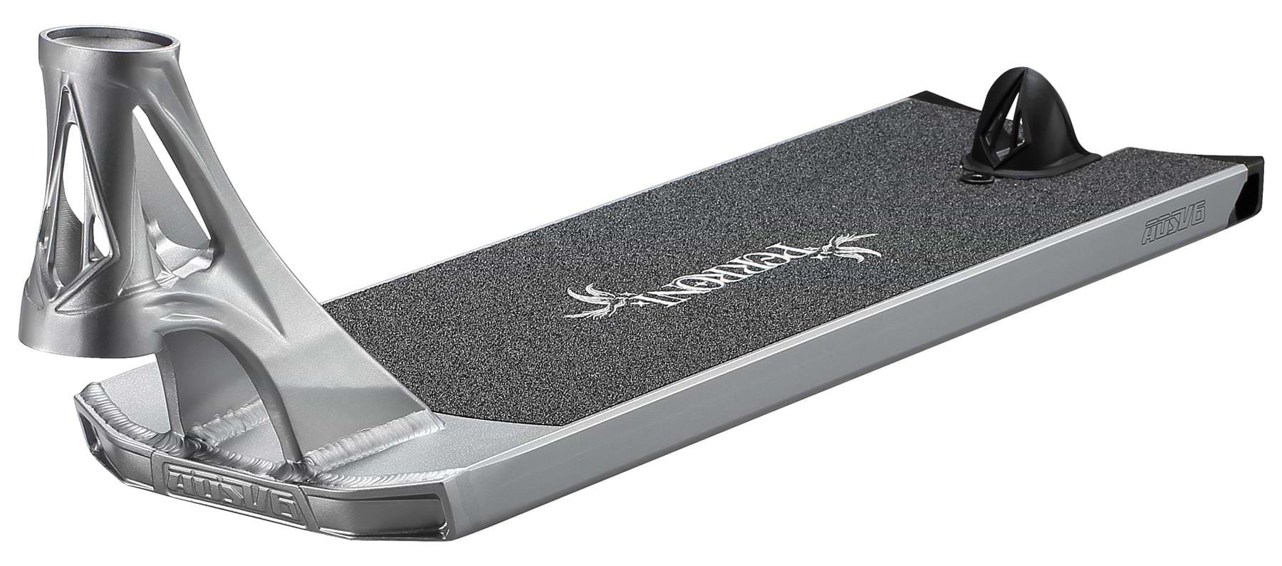 A silver Blunt Envy AOS V6 Jonathan Perroni Signature Stunt Scooter Deck (6.5" x 23") with black grip, white branding, and open headtube design, inspired by the style of top stunt decks.